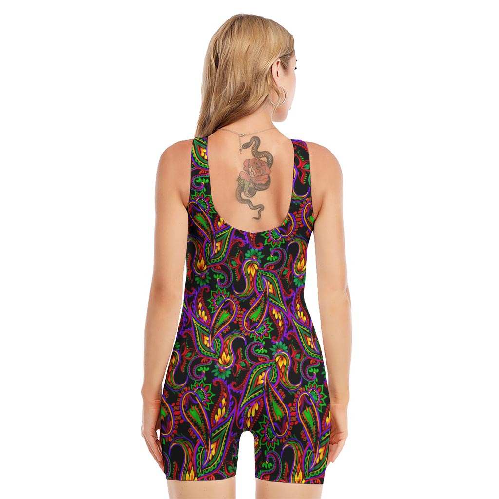 Dark Bohemian Paisley Pattern Print Sleeveless One Piece Swimsuit