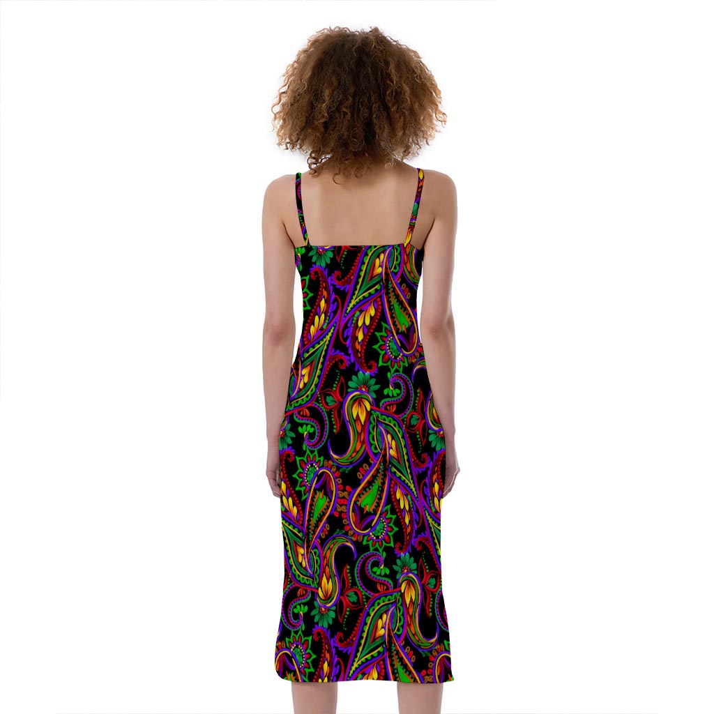 Dark Bohemian Paisley Pattern Print Slim Fit Midi Cami Dress
