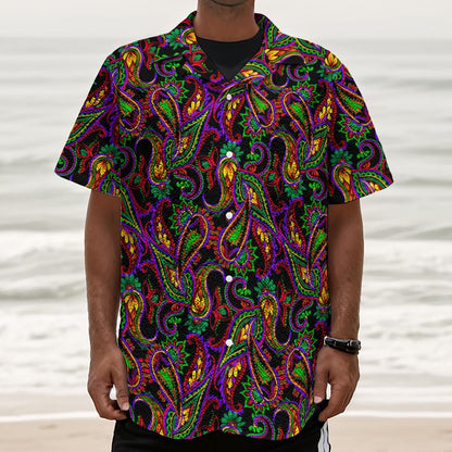 Dark Bohemian Paisley Pattern Print Textured Short Sleeve Shirt