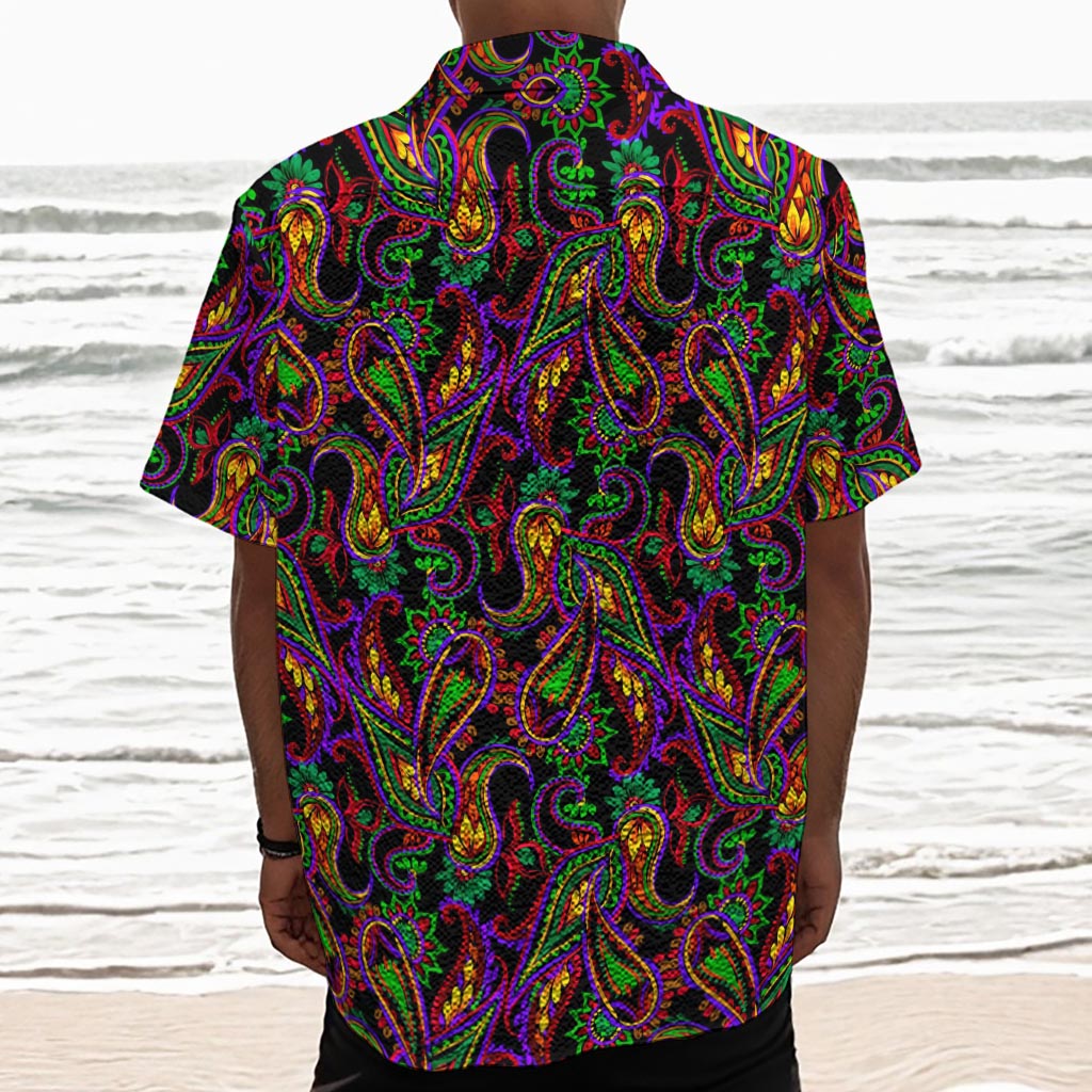 Dark Bohemian Paisley Pattern Print Textured Short Sleeve Shirt