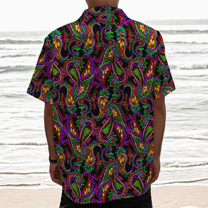 Dark Bohemian Paisley Pattern Print Textured Short Sleeve Shirt