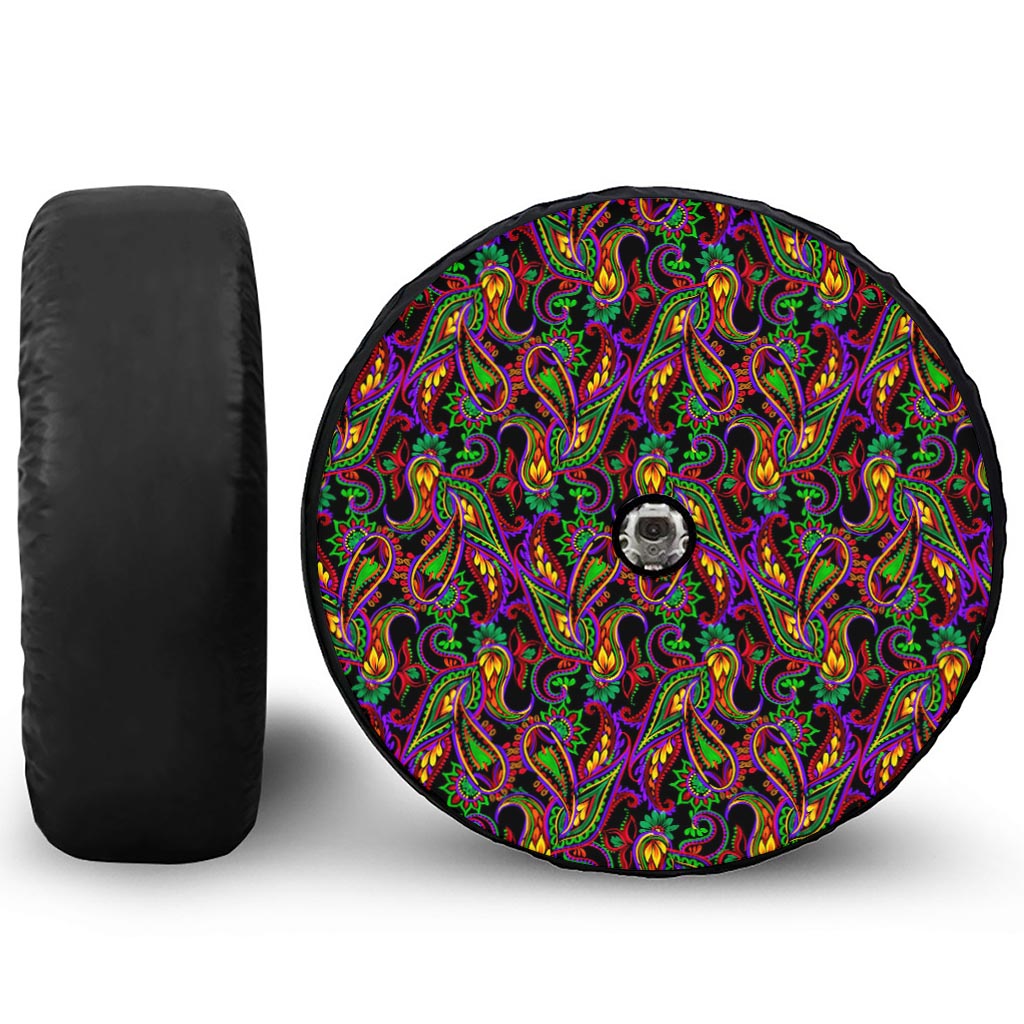 Dark Bohemian Paisley Pattern Print Tire Cover With Camera Hole