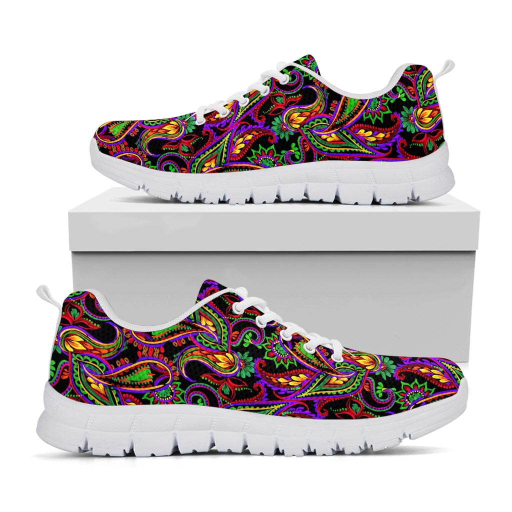 Dark Bohemian Paisley Pattern Print White Running Shoes