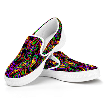 Dark Bohemian Paisley Pattern Print White Slip On Sneakers