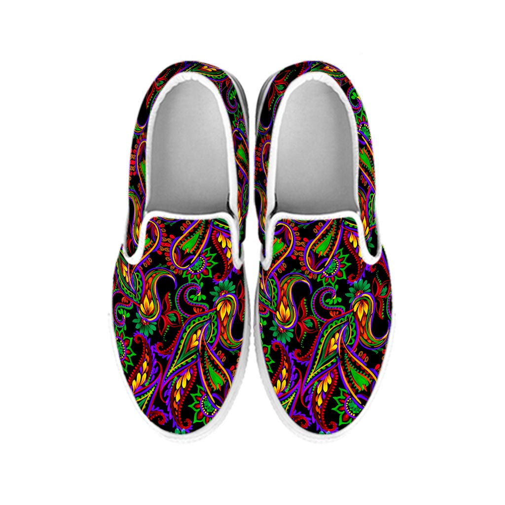Dark Bohemian Paisley Pattern Print White Slip On Sneakers