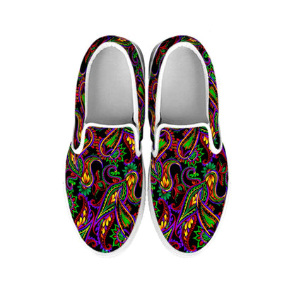 Dark Bohemian Paisley Pattern Print White Slip On Sneakers