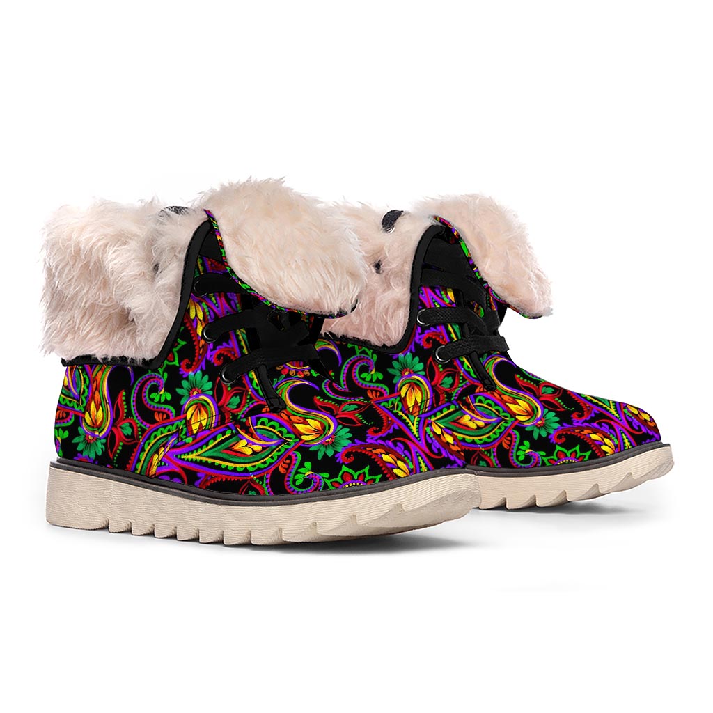 Dark Bohemian Paisley Pattern Print Winter Boots