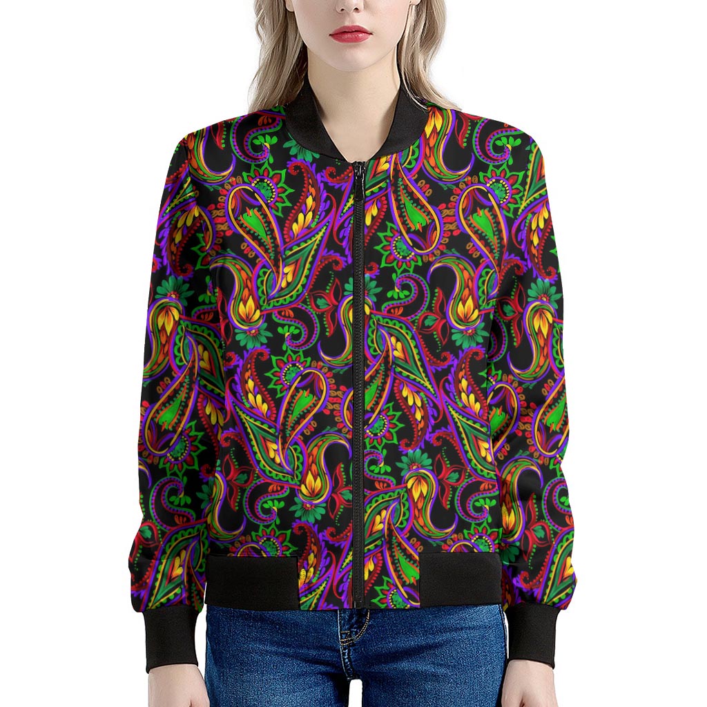 Dark Bohemian Paisley Pattern Print Women's Bomber Jacket
