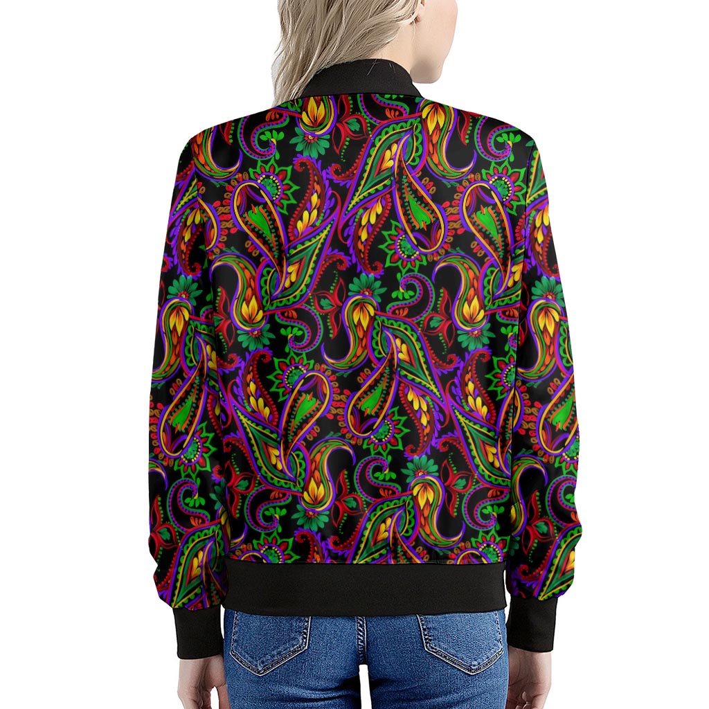 Dark Bohemian Paisley Pattern Print Women's Bomber Jacket