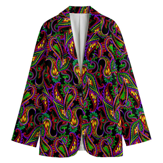 Dark Bohemian Paisley Pattern Print Women's Cotton Blazer
