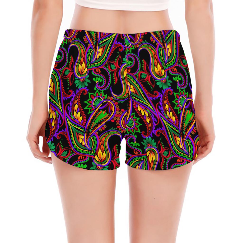 Dark Bohemian Paisley Pattern Print Women's Split Running Shorts