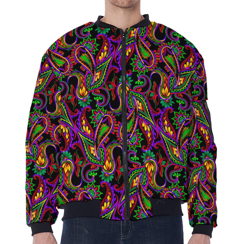 Dark Bohemian Paisley Pattern Print Zip Sleeve Bomber Jacket