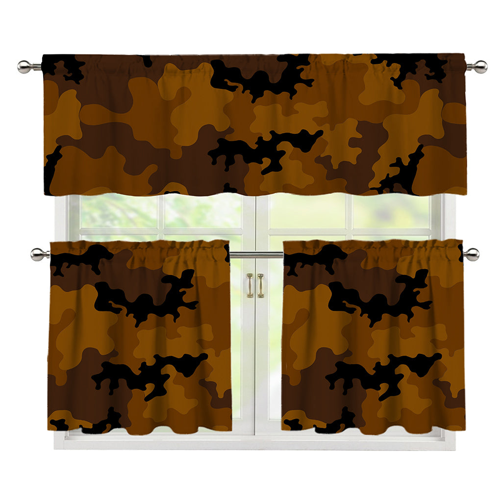 Dark Brown Camouflage Print 3 Piece Kitchen Curtains
