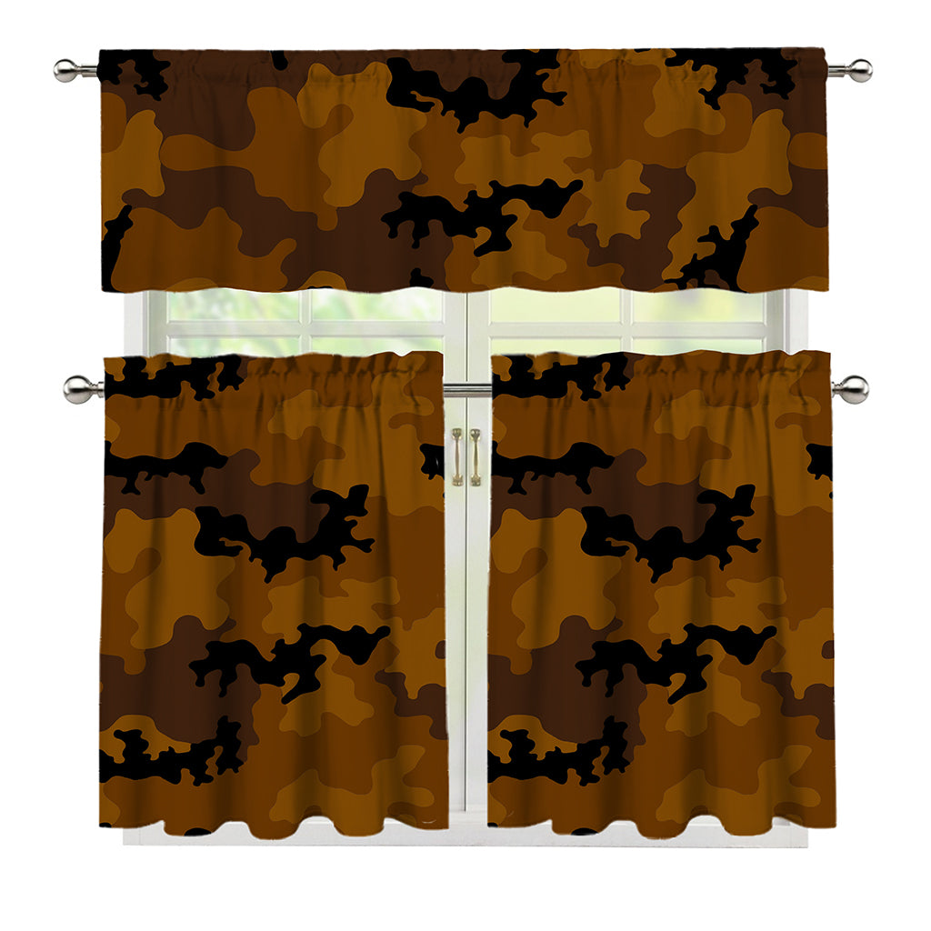 Dark Brown Camouflage Print 3 Piece Kitchen Curtains