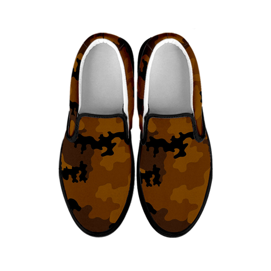 Dark Brown Camouflage Print Black Slip On Sneakers