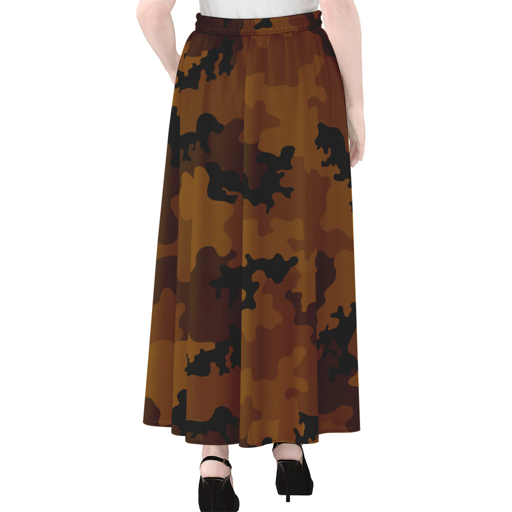 Dark Brown Camouflage Print Chiffon Maxi Skirt