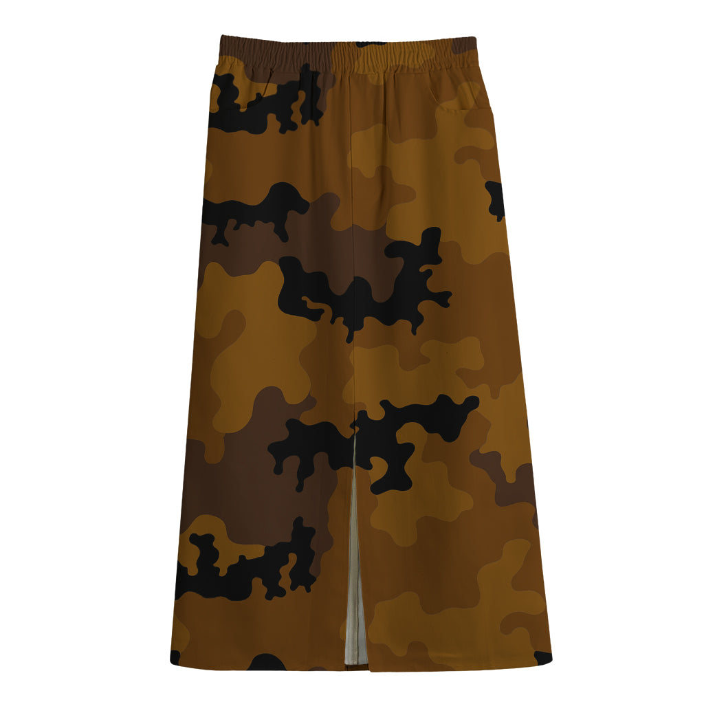 Dark Brown Camouflage Print Cotton Front Slit Maxi Skirt