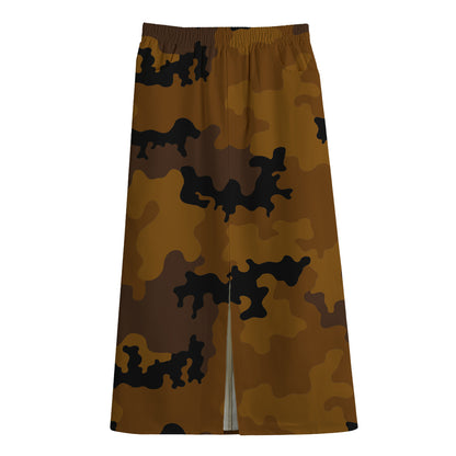 Dark Brown Camouflage Print Cotton Front Slit Maxi Skirt