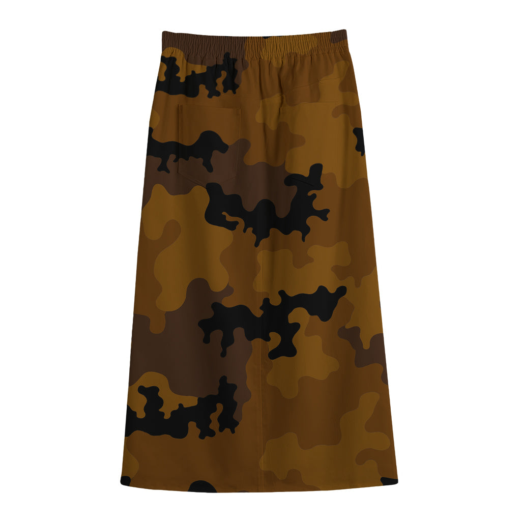 Dark Brown Camouflage Print Cotton Front Slit Maxi Skirt