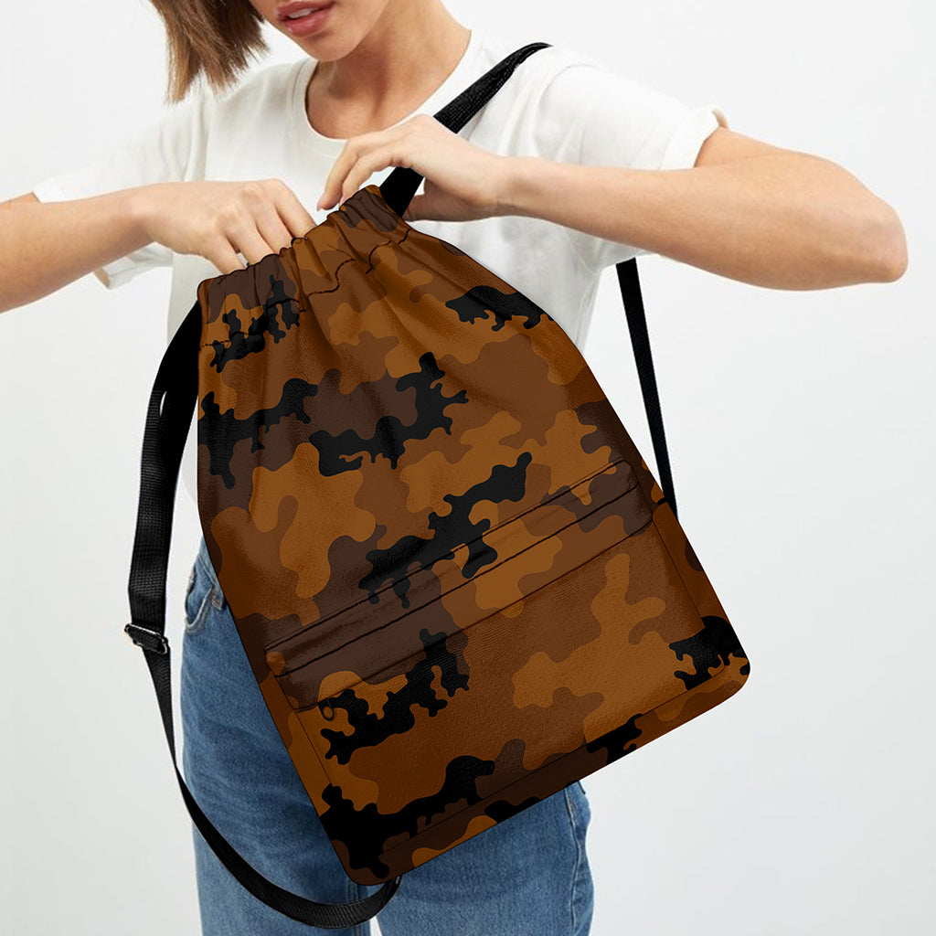 Dark Brown Camouflage Print Drawstring Backpack