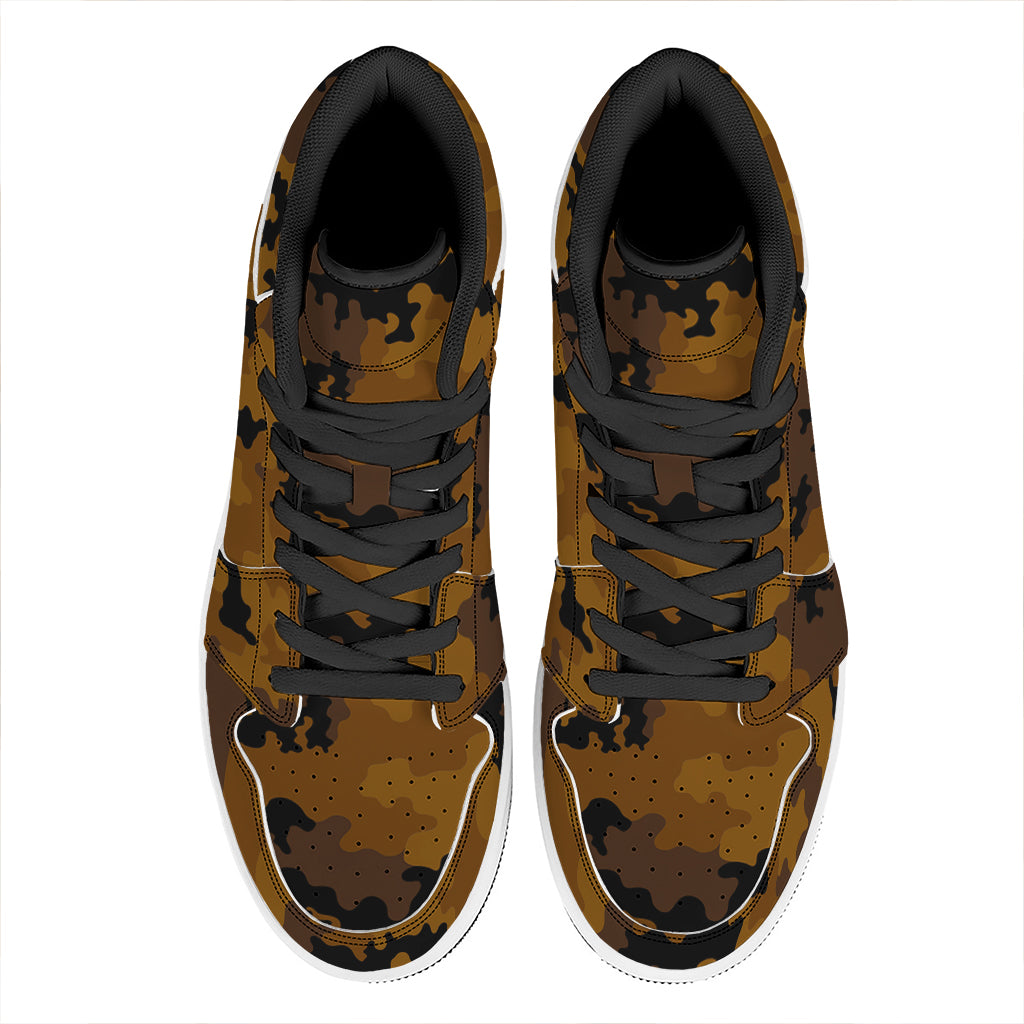Dark Brown Camouflage Print High Top Leather Sneakers