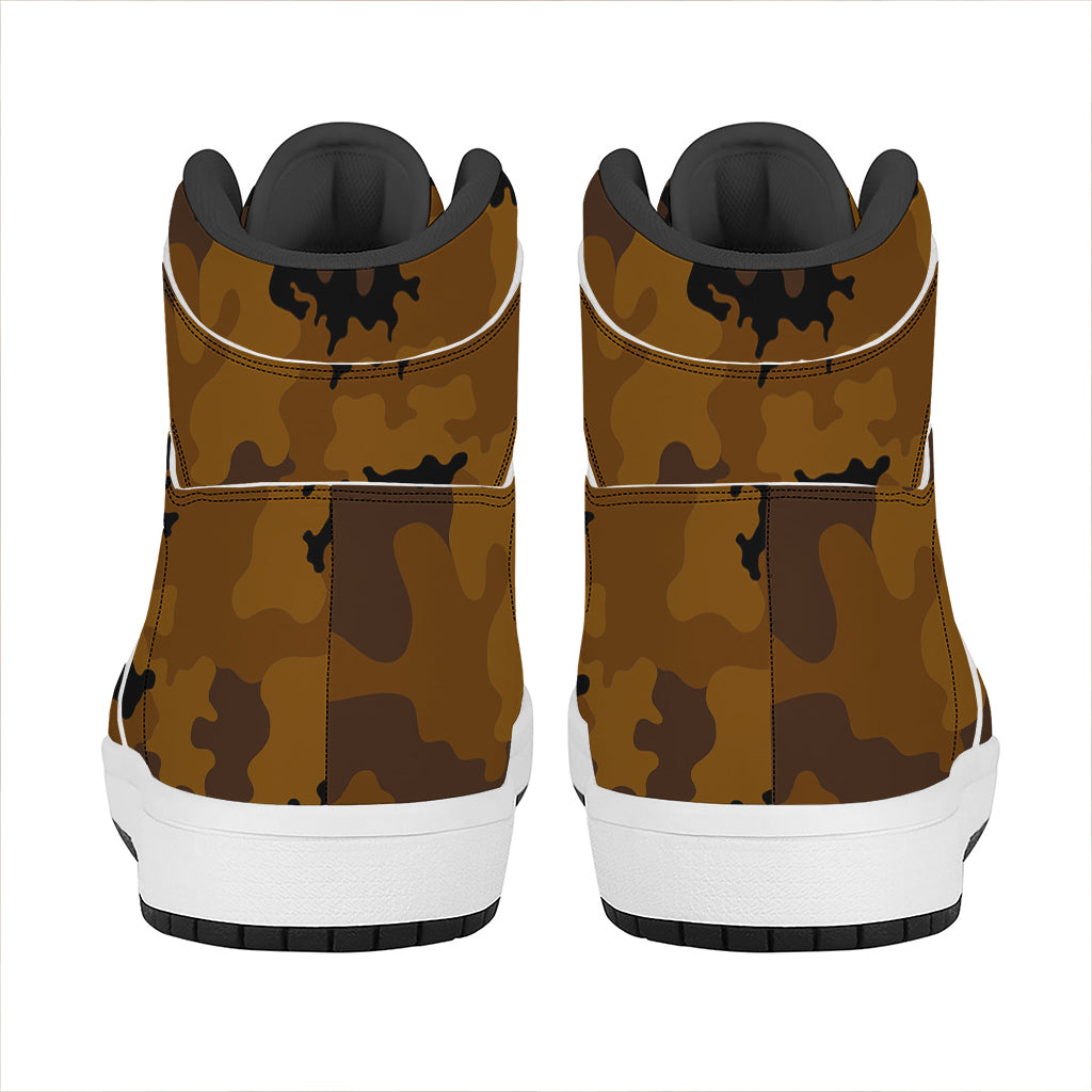 Dark Brown Camouflage Print High Top Leather Sneakers