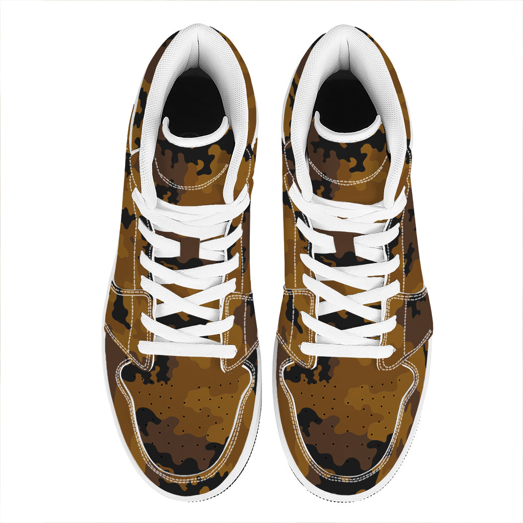 Dark Brown Camouflage Print High Top Leather Sneakers