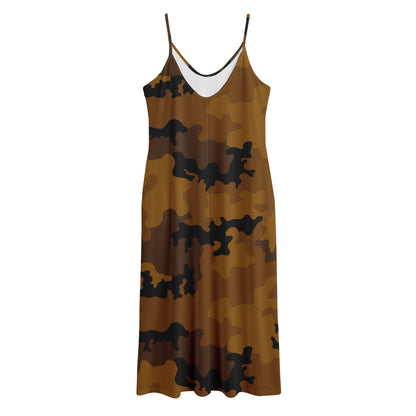 Dark Brown Camouflage Print Jersey Midi Cami Dress