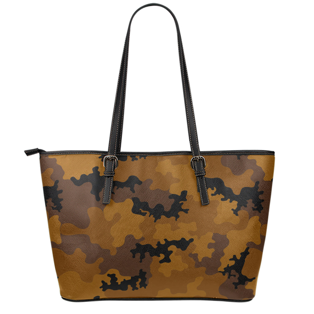 Dark Brown Camouflage Print Leather Tote Bag
