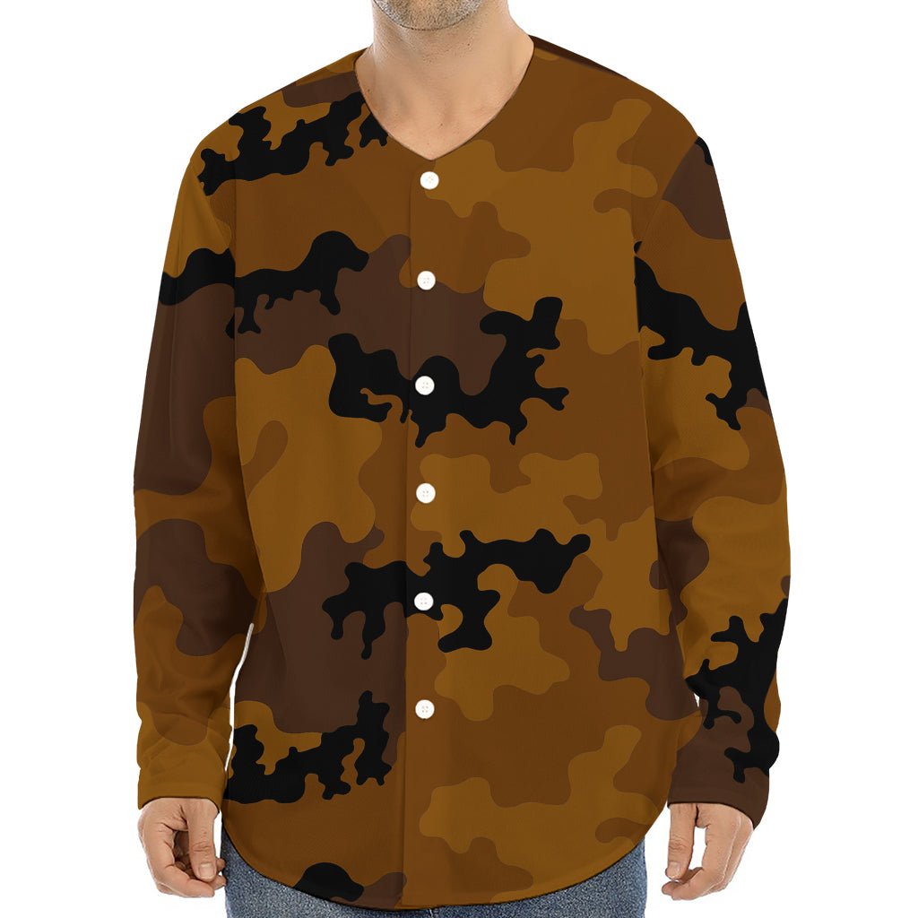 Dark Brown Camouflage Print Long Sleeve Baseball Jersey