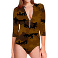Dark Brown Camouflage Print Long Sleeve Swimsuit
