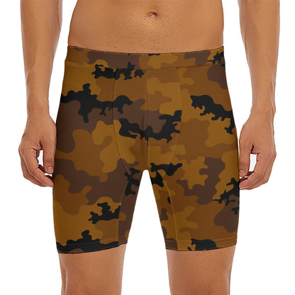 Dark Brown Camouflage Print Men's Long Boxer Briefs