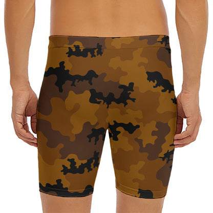 Dark Brown Camouflage Print Men's Long Boxer Briefs