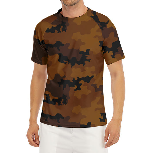 Dark Brown Camouflage Print Men's Short Sleeve Rash Guard