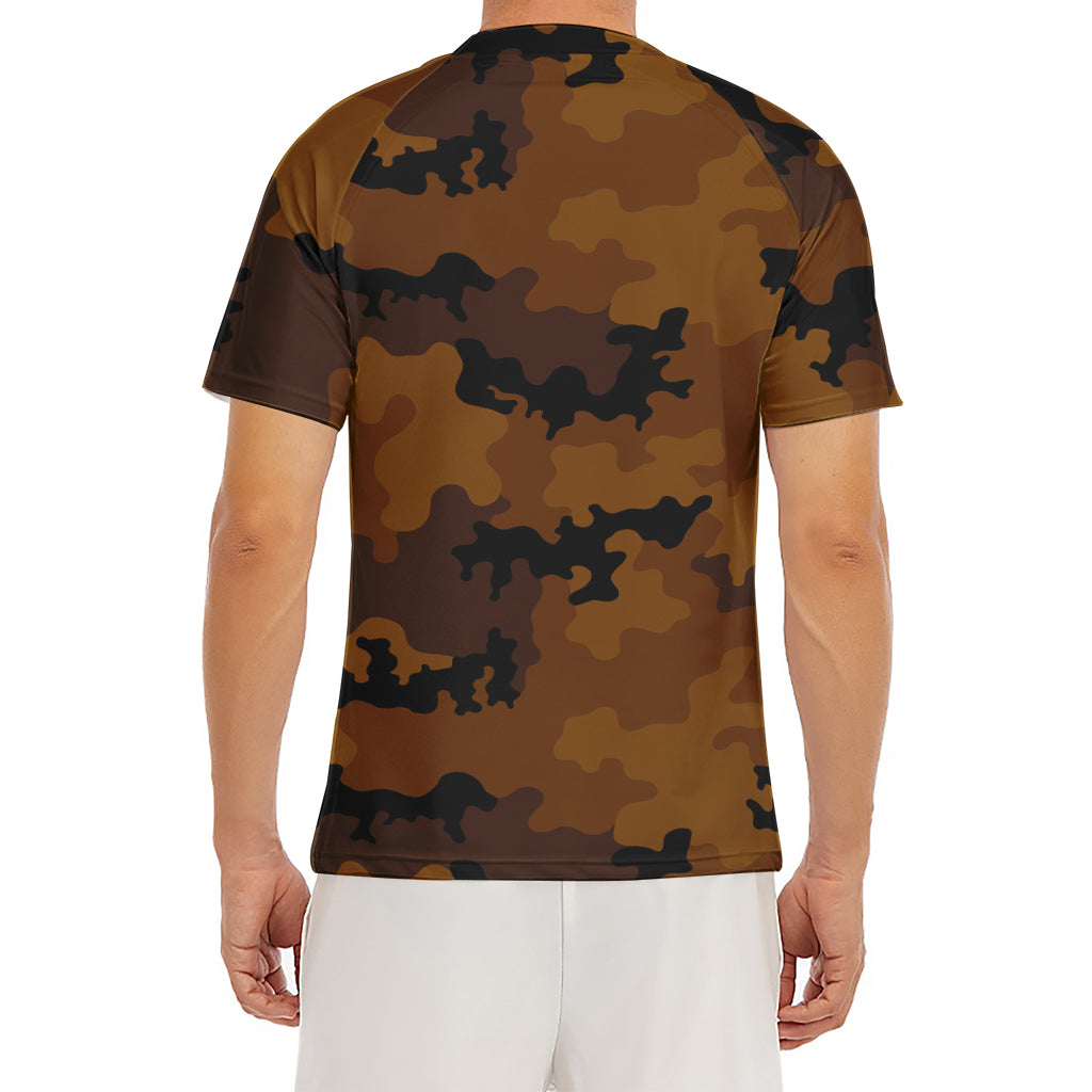 Dark Brown Camouflage Print Men's Short Sleeve Rash Guard