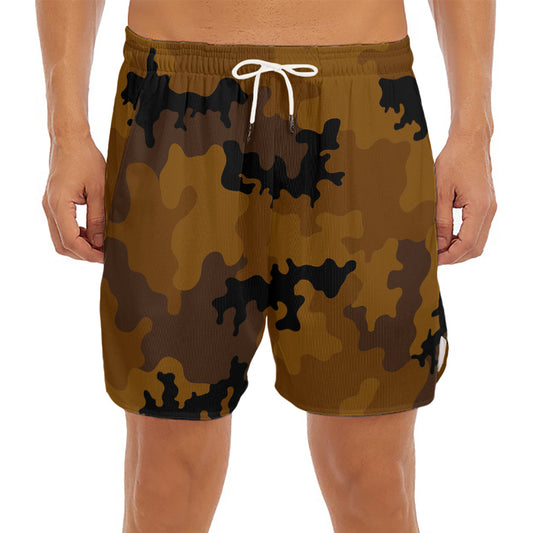 Dark Brown Camouflage Print Men's Split Running Shorts