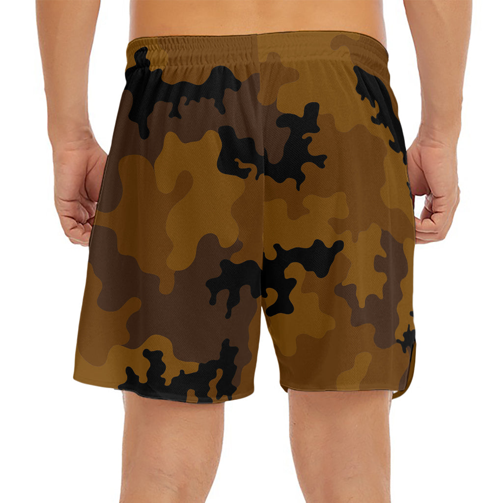Dark Brown Camouflage Print Men's Split Running Shorts