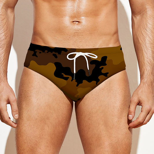 Dark Brown Camouflage Print Men's Swim Briefs