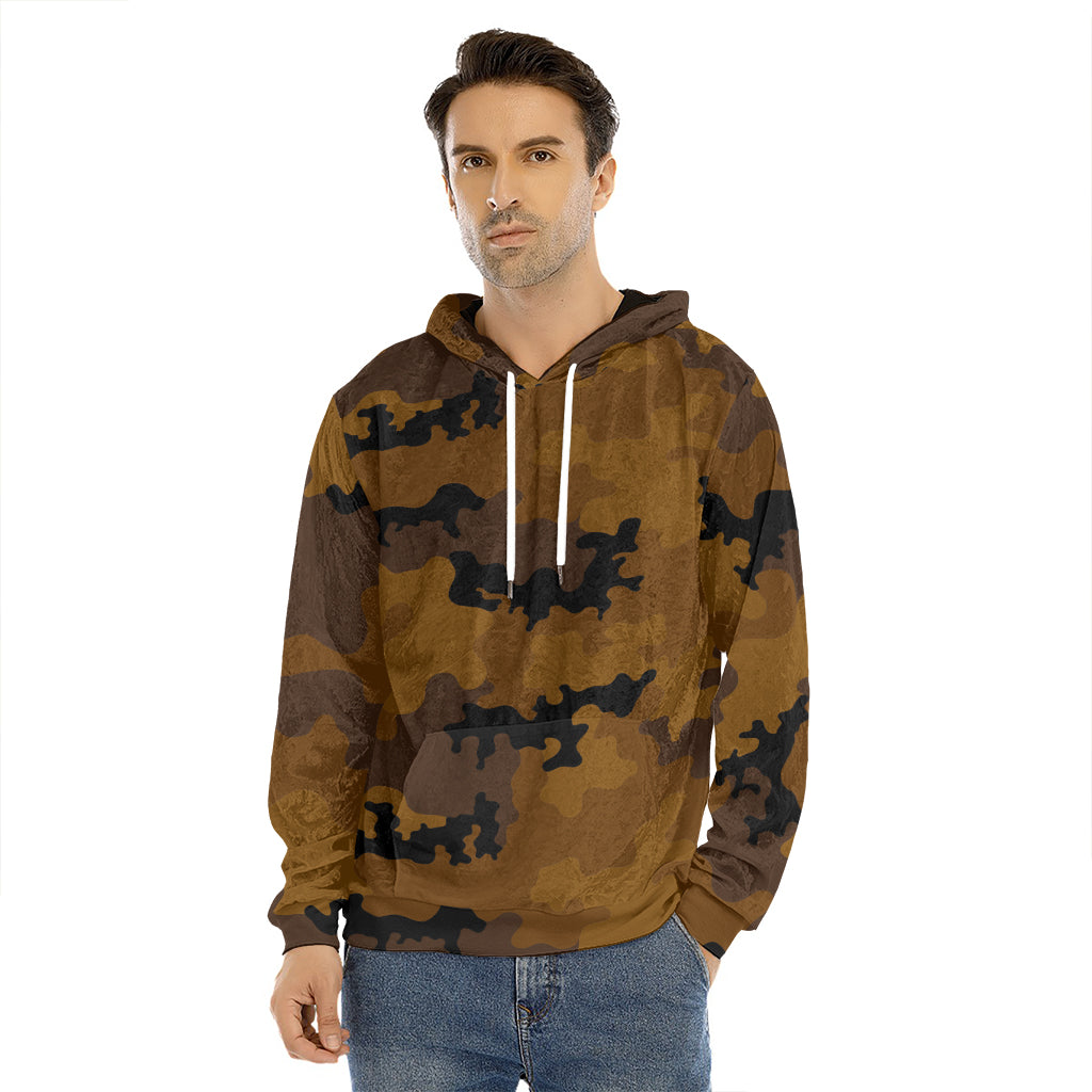 Dark Brown Camouflage Print Men's Velvet Pullover Hoodie