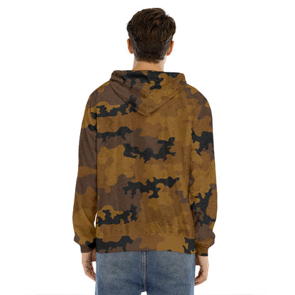 Dark Brown Camouflage Print Men's Velvet Pullover Hoodie