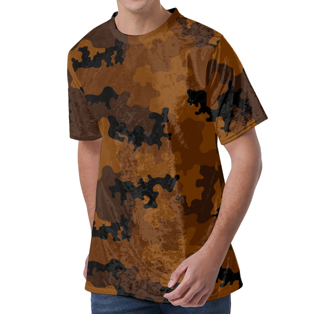 Dark Brown Camouflage Print Men's Velvet T-Shirt