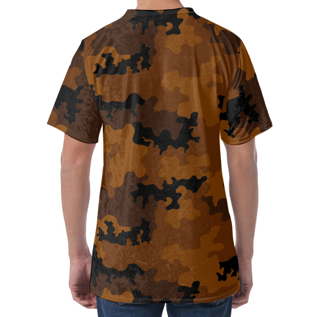 Dark Brown Camouflage Print Men's Velvet T-Shirt