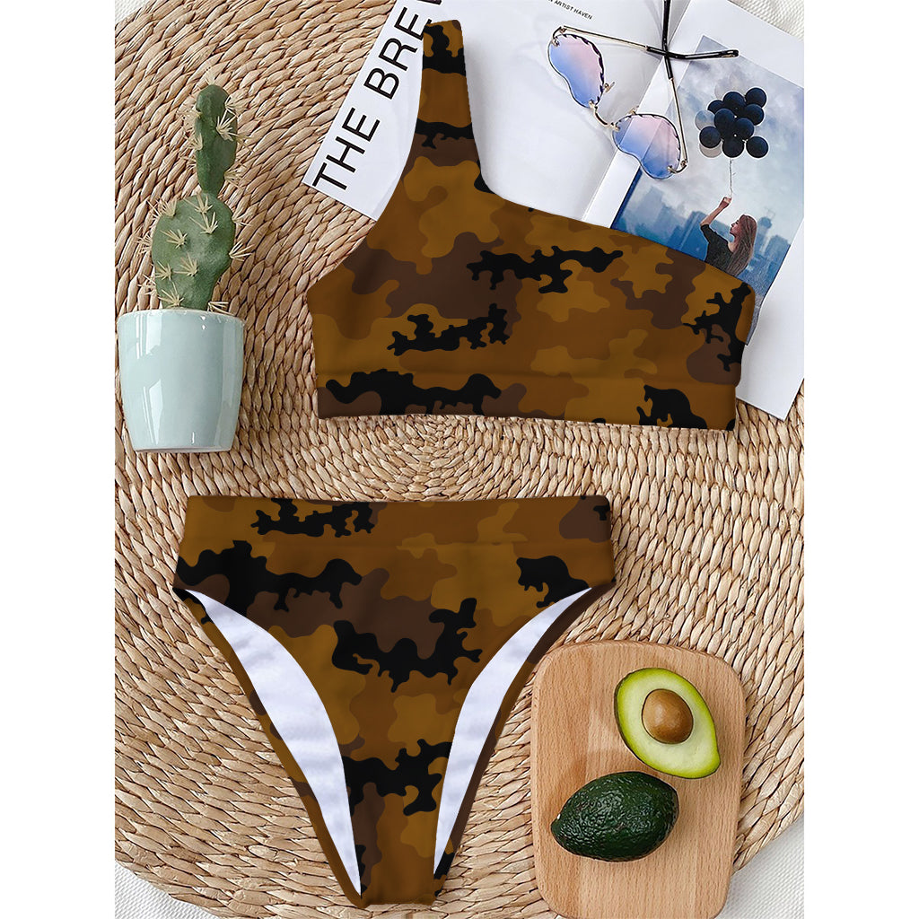 Dark Brown Camouflage Print One Shoulder Bikini Top
