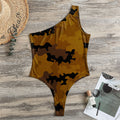 Dark Brown Camouflage Print One Shoulder Bodysuit