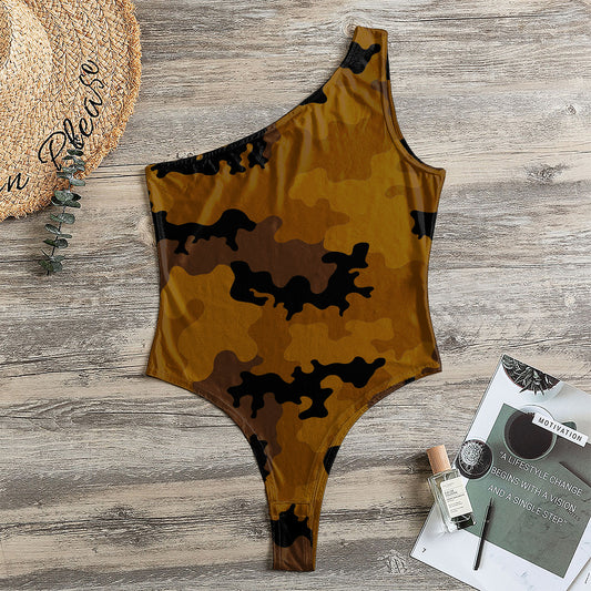 Dark Brown Camouflage Print One Shoulder Bodysuit