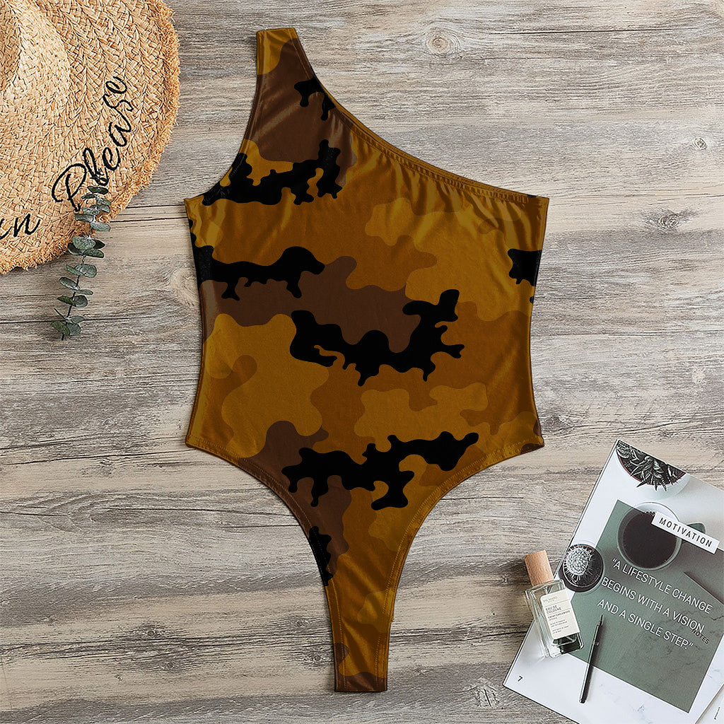 Dark Brown Camouflage Print One Shoulder Bodysuit