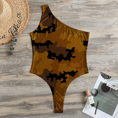 Dark Brown Camouflage Print One Shoulder Bodysuit