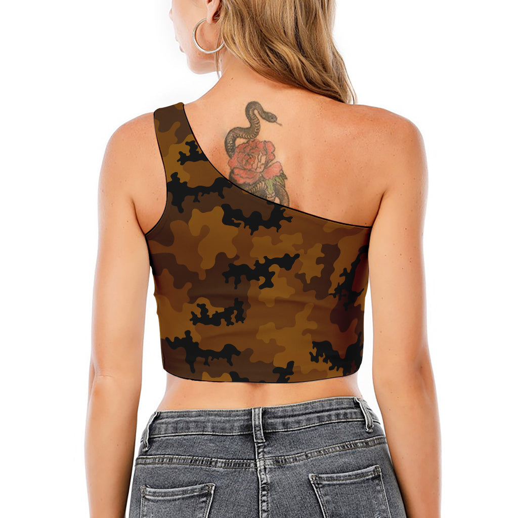 Dark Brown Camouflage Print One Shoulder Crop Top