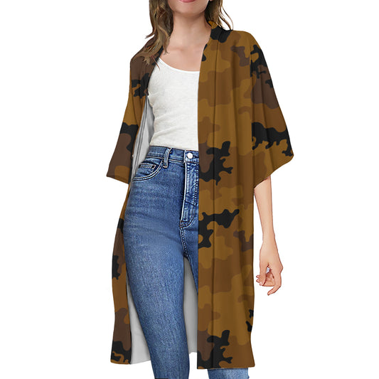 Dark Brown Camouflage Print Open Front Beach Cover Up