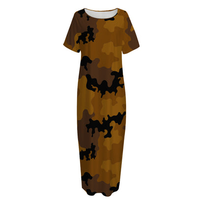 Dark Brown Camouflage Print Short Sleeve Long Nightdress